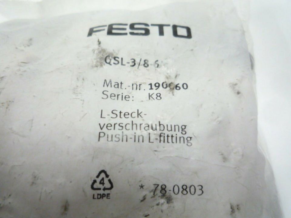 2,29€ 1-8 Stück Festo L-Steckverschraubung QSL-3/8-6  190660 NEU in Wegberg