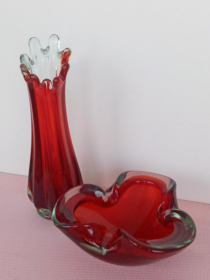 MURANO - GLAS   VASE  + SCHALE  ROT in Zeitz