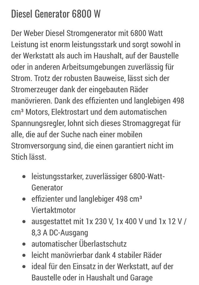 #32/05  Diesel Generator Strom 6800W in Schmidmühlen