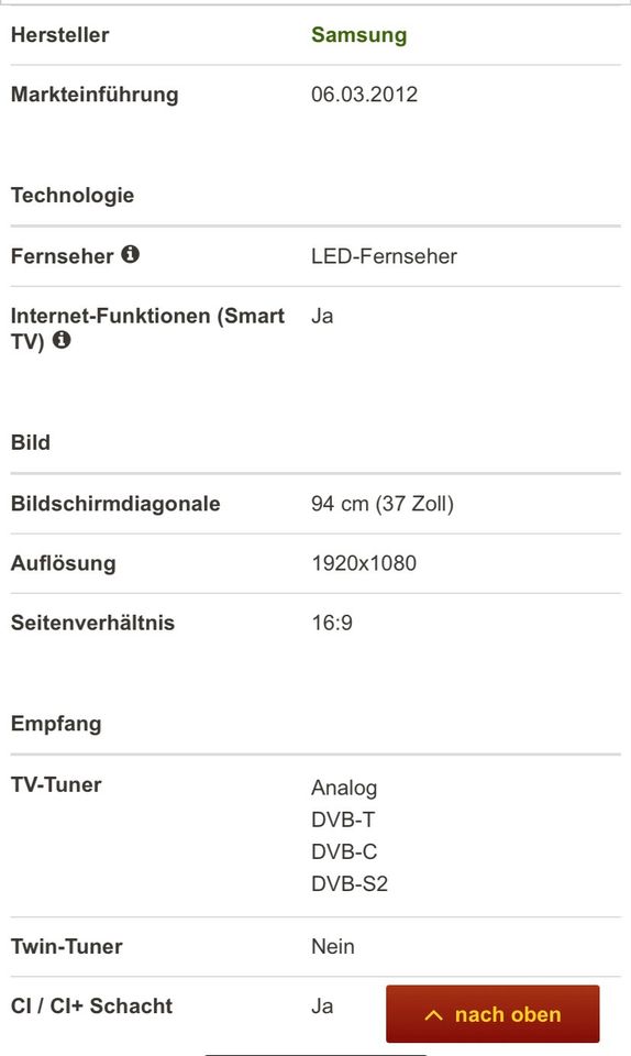 Weißer (3D) LED Samsung Fernseher UE37ES6710 in Hemmingen