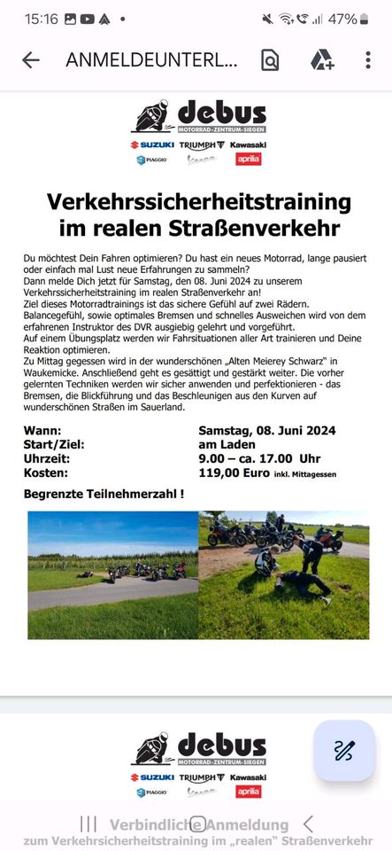 Fahrsicherheitstraining Motorrad 8.6.2024 Siegen in Gummersbach
