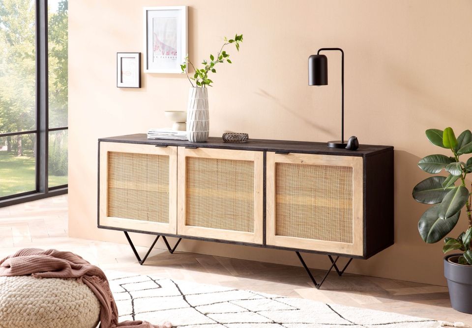 Wohnling Sideboard Mango Massivholz Rattan Kommode in Melle