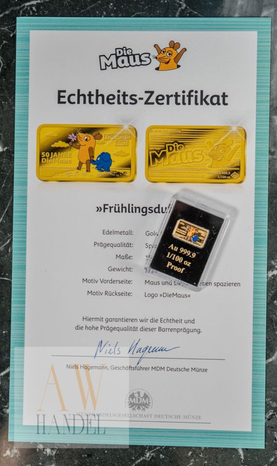 1/100 oz Goldbarren 999,9 Gold „50 Jahre die Maus“ mit Zertifikat in Berlin