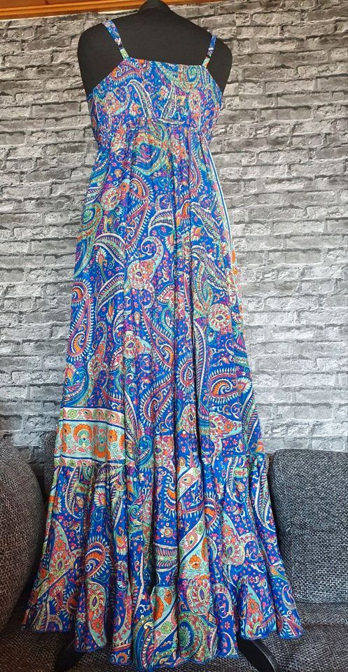 Corte Hindú Boho Hippie Ibiza MaxiKleid 36 S blau bunt Gold Seide in Hof (Saale)