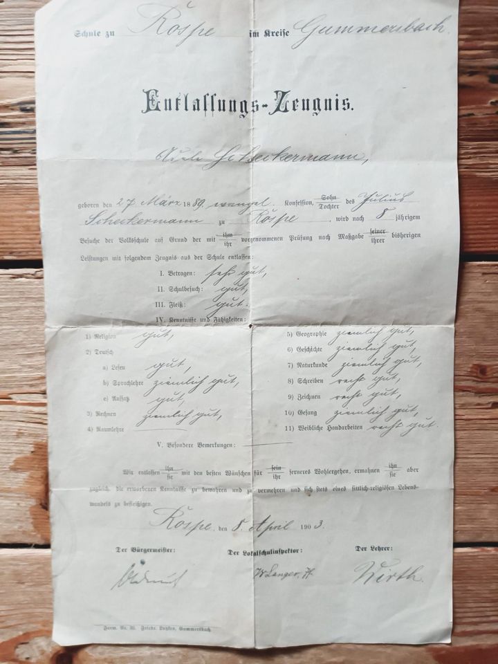 ENTLASSUNGS-ZEUGNIS 1903 SCHULE ZU GUMMERSBACH ROSPE in Straßenhaus