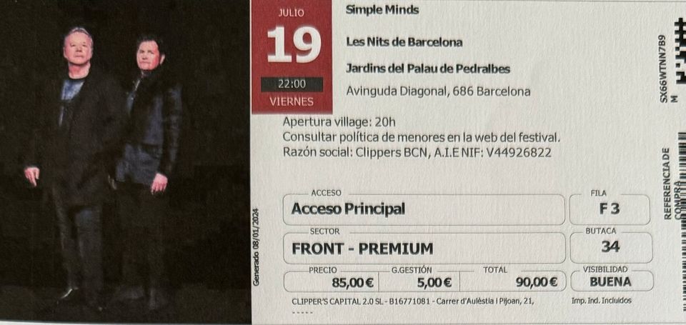 Simple Minds -  Barcelona - 2 Tickets in Lütjenburg