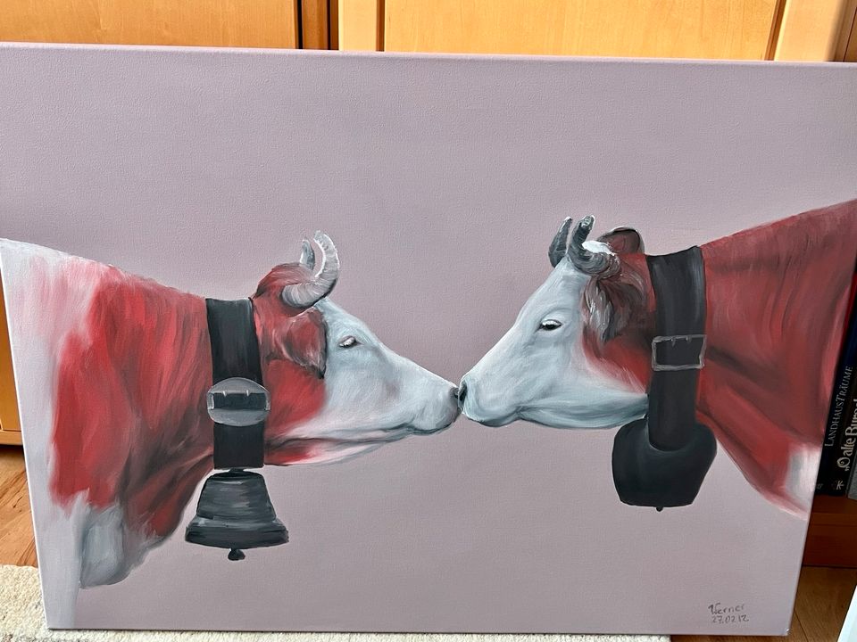 Modernes Ölbild „Zwei sich küssende Kühe“ in Wiehl