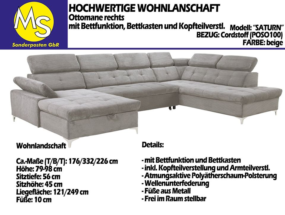 Sofa Couch Wohnlandschaft U Form Bettfunktion-Bettkasten Cord bei in Mettingen