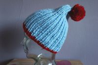 Zipfel-Mütze, Bommel, Hellblau mit Rot, Strickmütze, Handmade,neu Bayern - Traunstein Vorschau