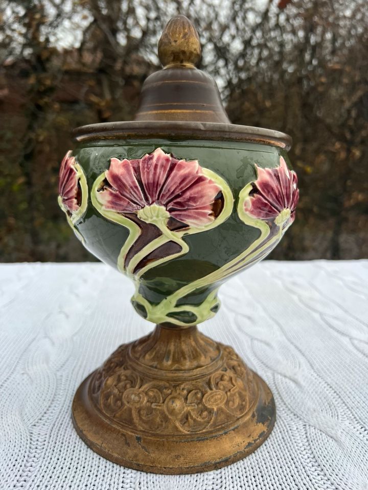 Vase Schale am  Fuß Jugendstil Original um 1900 Messing  Keramik in Datteln