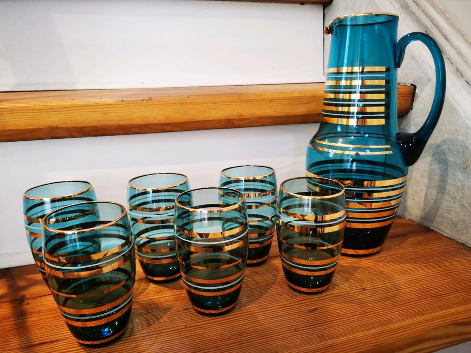 Vintage Retro 60er Jahre Böhmen Glas Türkis Blau Gold in Potsdam