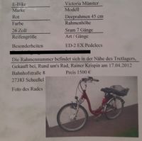 E-Bike Pedelecs Victoria Münster 26 Zoll Niedersachsen - Lauenbrück Vorschau