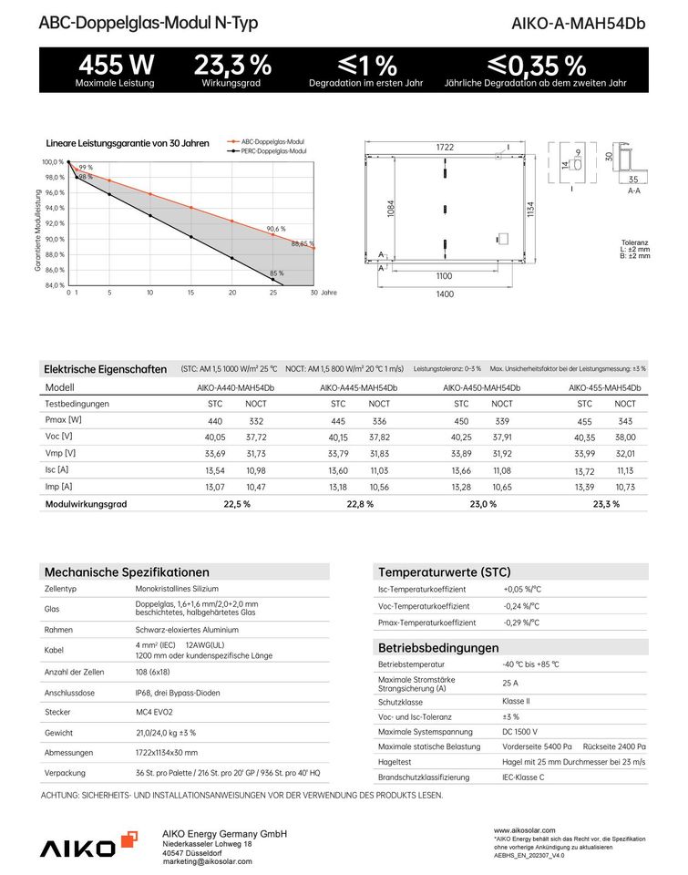 AIKO Solarmodul 445 Wp Glas-Glas FULL BLACK, 22,8% Wirkungsgrad ✅ PV - SOLAR - PHOTOVOILTAIK - SONNENSTROM - PREMIUM in Appenweier