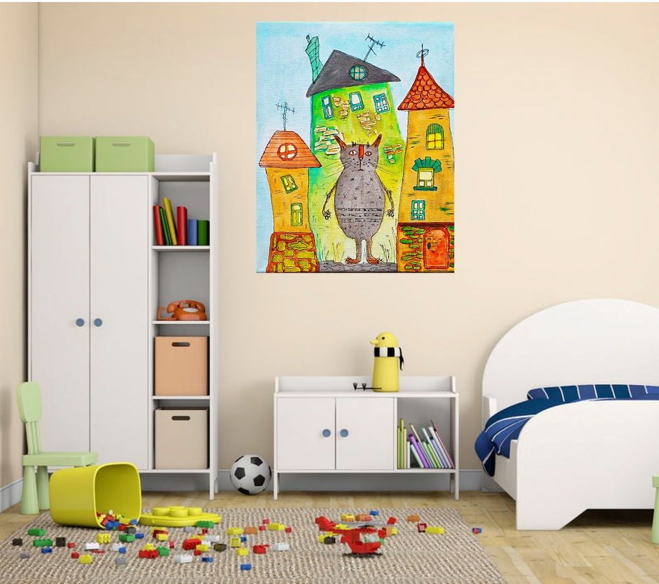 Kinderbild mit Kater und Häusern,Leinwand,Zimmerdeco 24x30x2 cm in Berlin