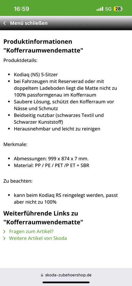 Kofferraumwendematte Skoda Kodiaq in Mülsen