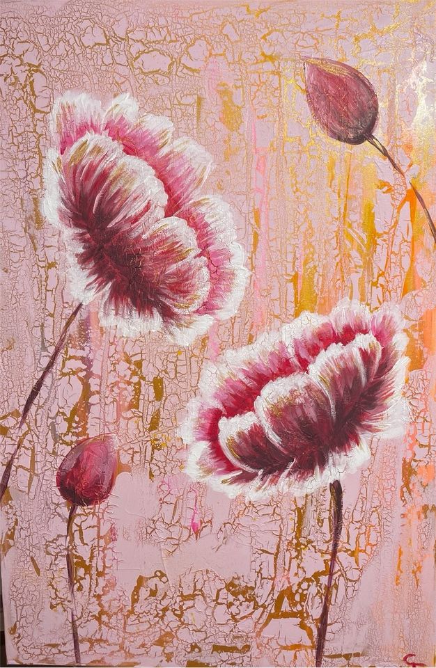 Bild Leinwand acrylfarben Blumen rosa Gold 90x60cm handgemalt in Kaufungen