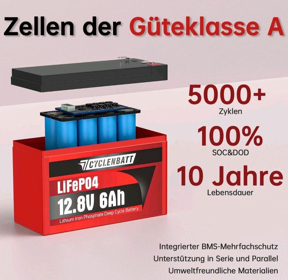 LiFePO4 Lithium 12V 6Ah Batterie, NEU, BMS, 5000 Tiefenzyklen in Dortmund