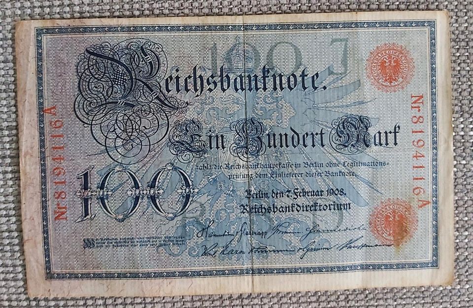 Banknote 100 Reichsmark 1908 in Rosenheim