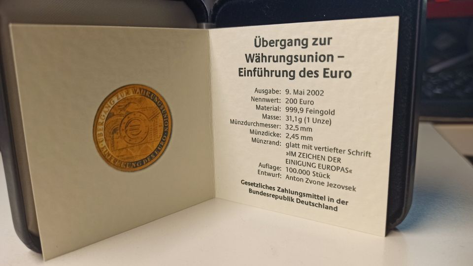 Original Zertifikat zur 200 € Goldmünze (1 oz.) "Währungsunion" in Karlsruhe