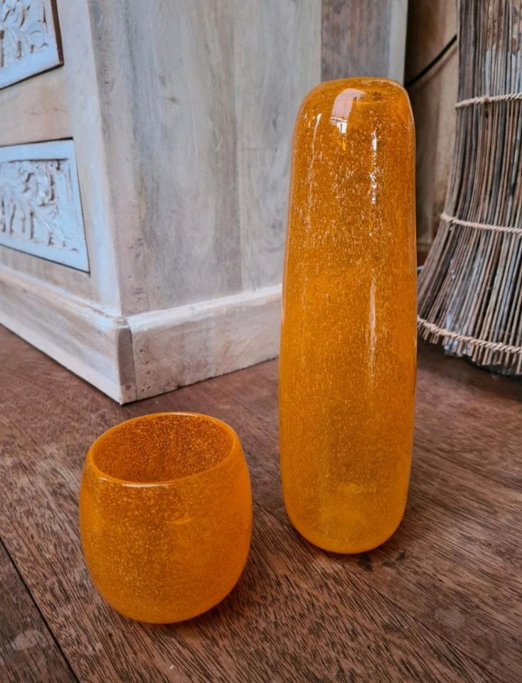 oranges Glas-Set Kerzenlicht und Vase von La Vida in Neubrandenburg