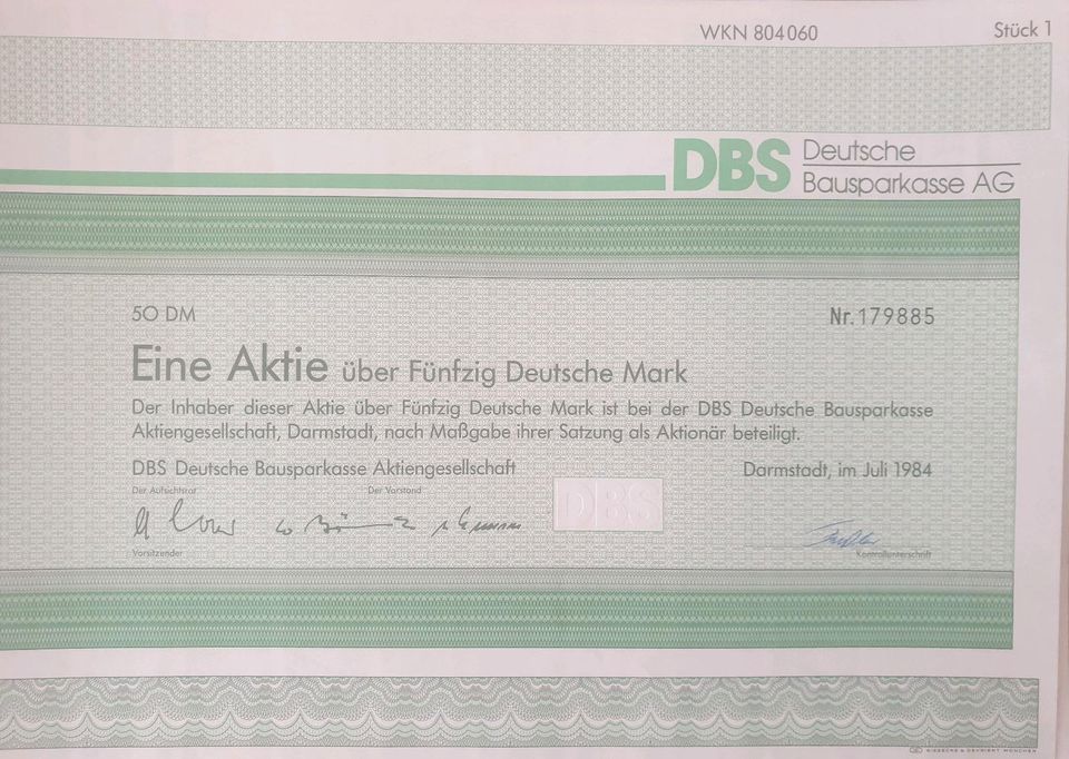 Aktie der DBS Deutsche Bausparkasse AG 50 DM Darmstadt in Darmstadt