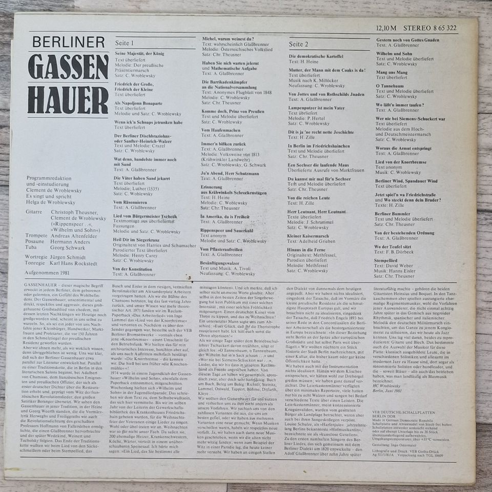 Schallplatte LP  GASSENHAUER  Flugblattlieder Spottverse Berlin in Brachbach