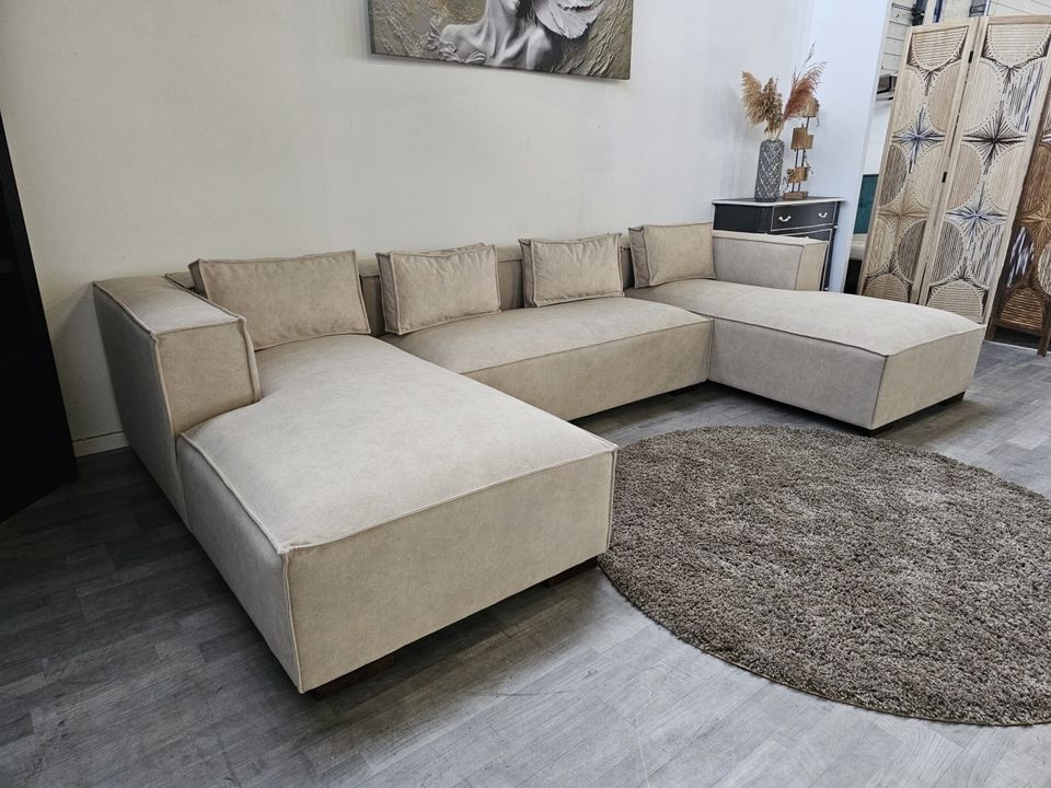 Wohnlandschaft Couch creme Samtoptik Sofa Polstersofa Polstergarn in Bielefeld