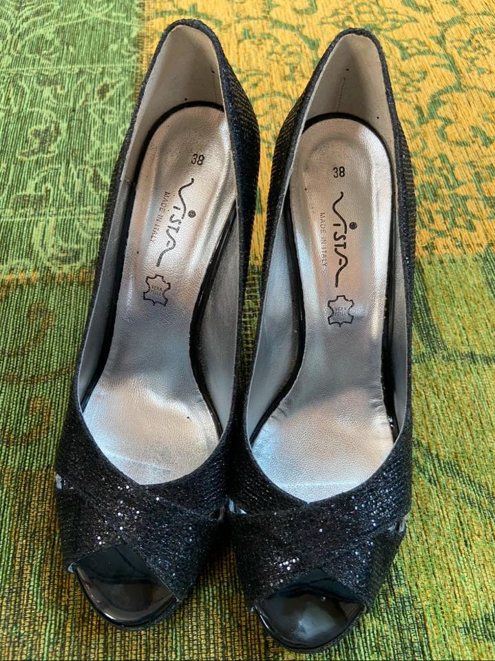 Pumps Peeptoe Marke Vista Italien schwarz Glitzer Gr. 38 - Leder in Neustrelitz