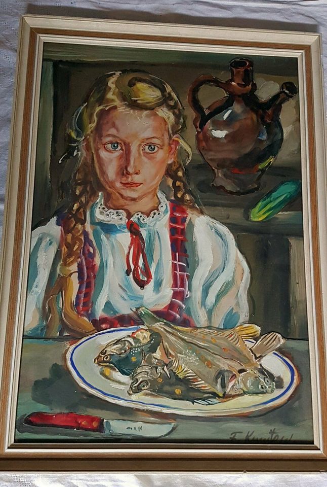 Gemälde Mädchen Fisch Tempera Vegan Vegetarier Contemporary Art in Nürnberg (Mittelfr)