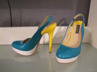 ♥♥ Jumex Pumps Sling Plateau High Heels Gr.37 blau weiß gelb♥♥ Hessen - Schlüchtern Vorschau