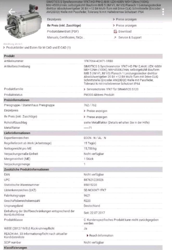 Siemens Servomotor Typ: 1FK7064-4CH71- 1R80 in Oberasbach