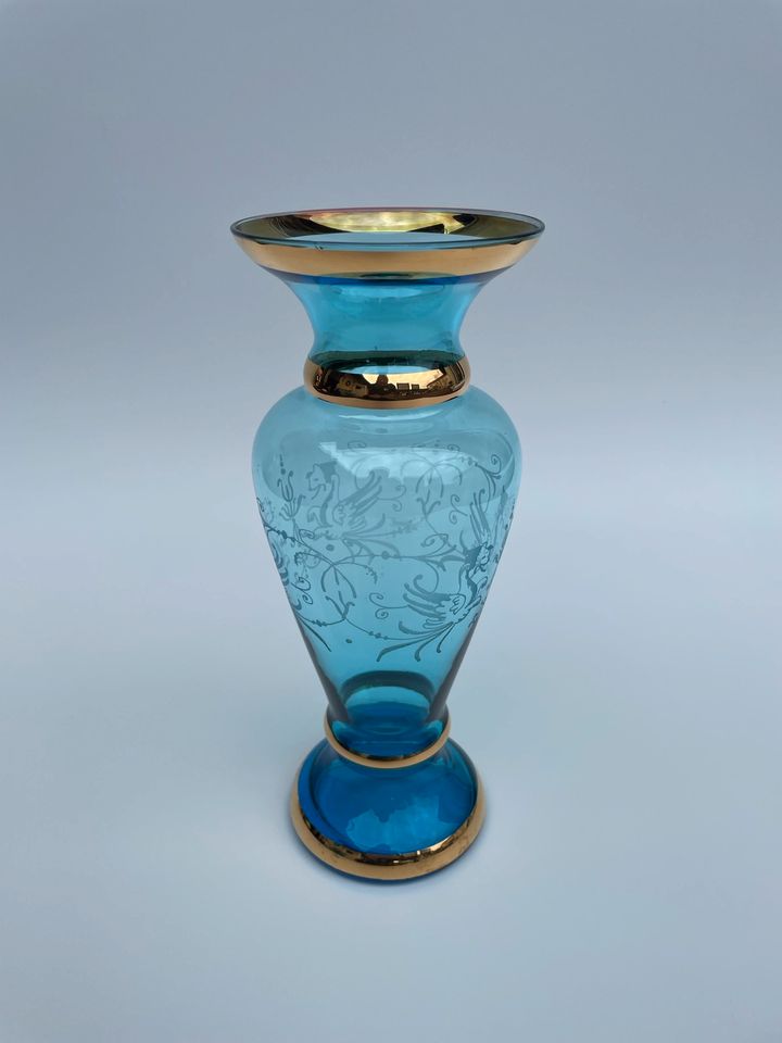 Vase Glasvase blau mit Goldrand 25cm in Schipkau