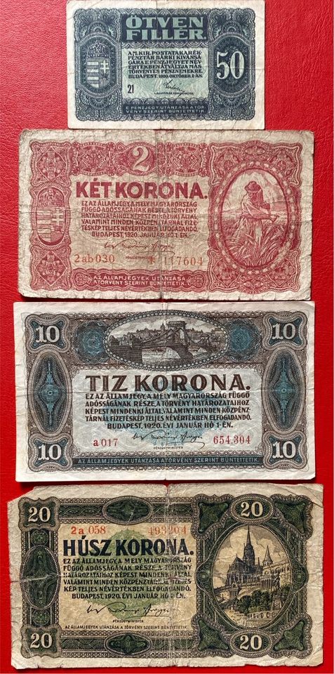 Ungarn 0.5/2/10/20 Korona Kronen Banknoten 1920 in Lübeck
