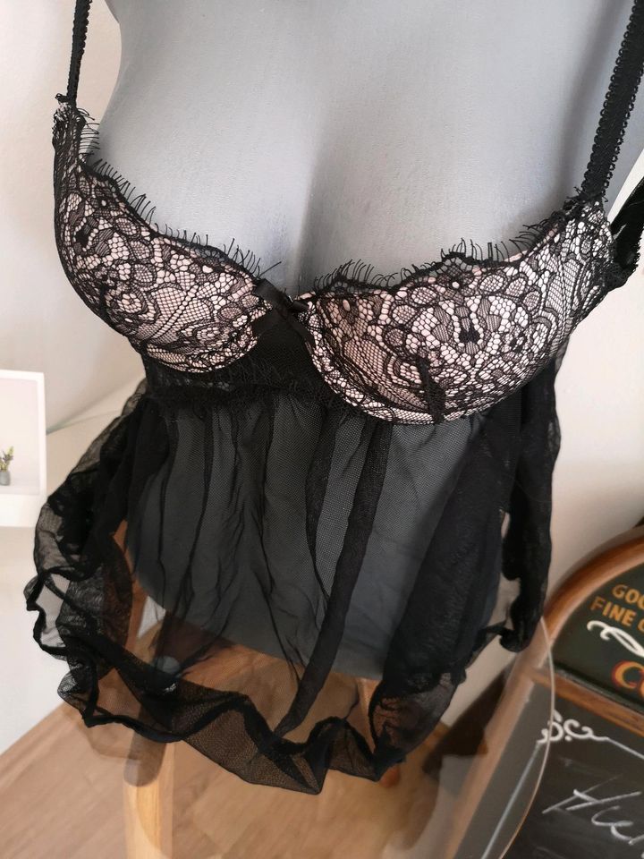 Hunkemöller babydoll dessous schwarz Rose S Spitze bh in Lichtentanne