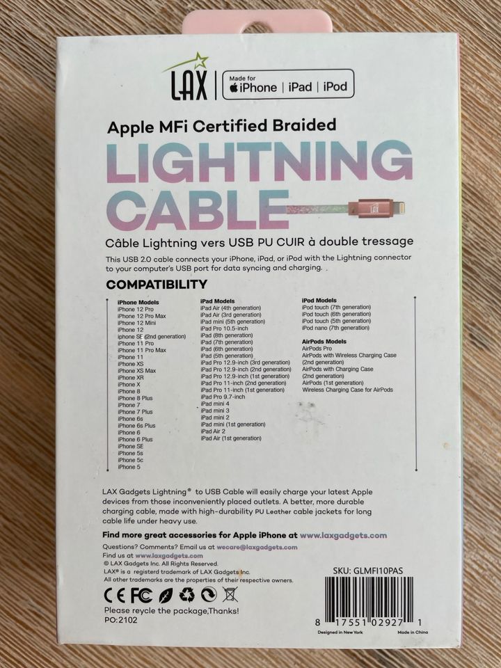 LAX Lightning to USB Kabel 3m geflochtenes Kabel Glitzer Rainbow in Tübingen