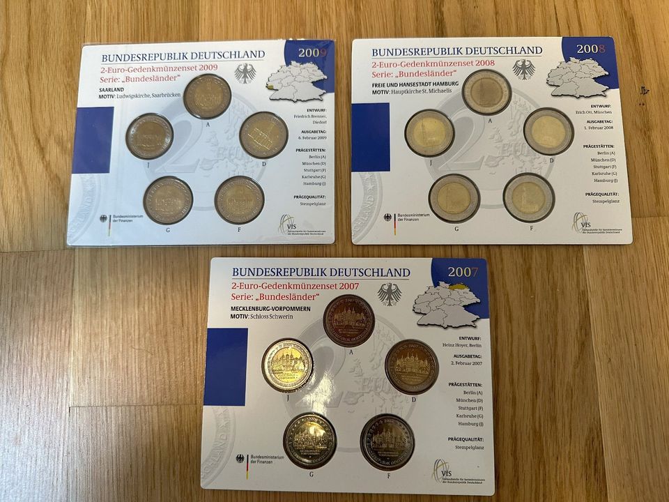 3 x 2 Euro Gedenkmünzen, Serie Bundesländer, 2007-2009 in Frankfurt am Main