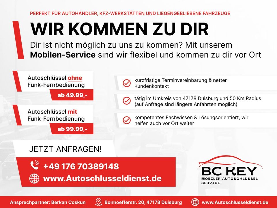 Autoschlüssel günstig & hochwertig nachmachen I Mobiler Service I Alle Automarken I   VW, Porsche, Renault, Seat, Skoda, Smart, Mitsubishi, Nissan, Opel, Peugeot, Suzuki, Ssangyong, Toyota, Volvo in Duisburg