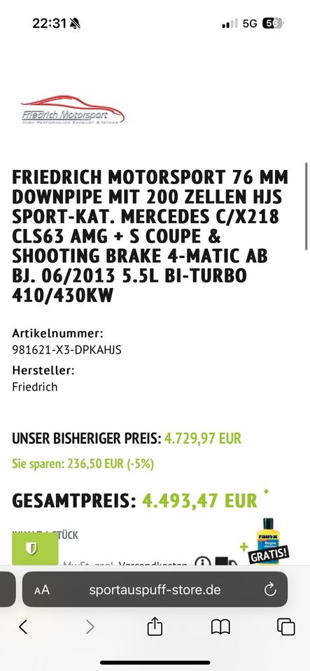 MERCEDES C/X218 CLS63 AMG + S COUPE 76mm 200Zellen Hjs Sport-Kat in Dinslaken