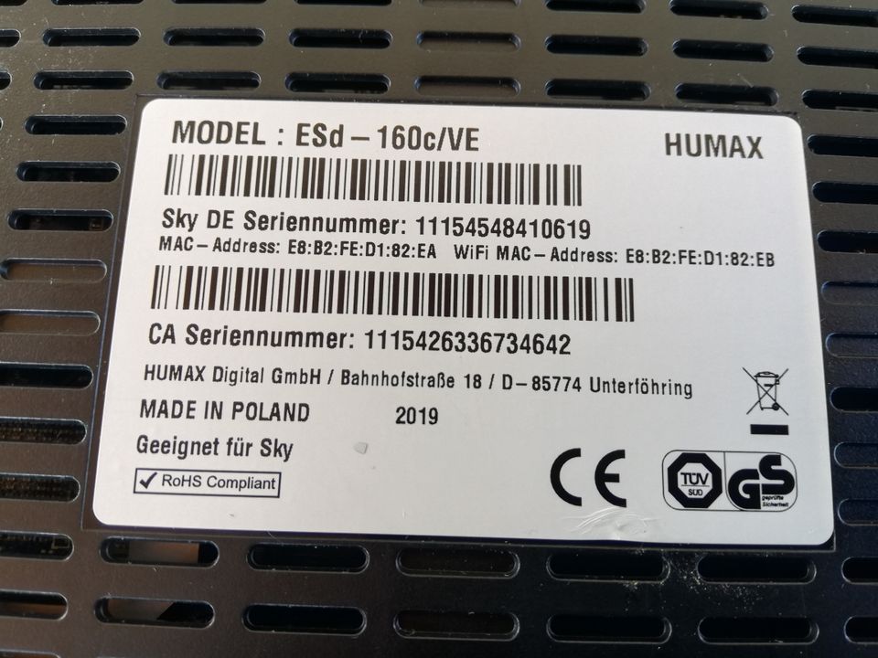 Sky Humax Esd-160c/ve Kabel Receiver 1tb Festplatte in Königsbach-Stein 