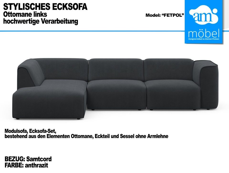 Sofa Couch Wohnlandschaft L Form Modulsofa Samtcord anthrazit in Bremen