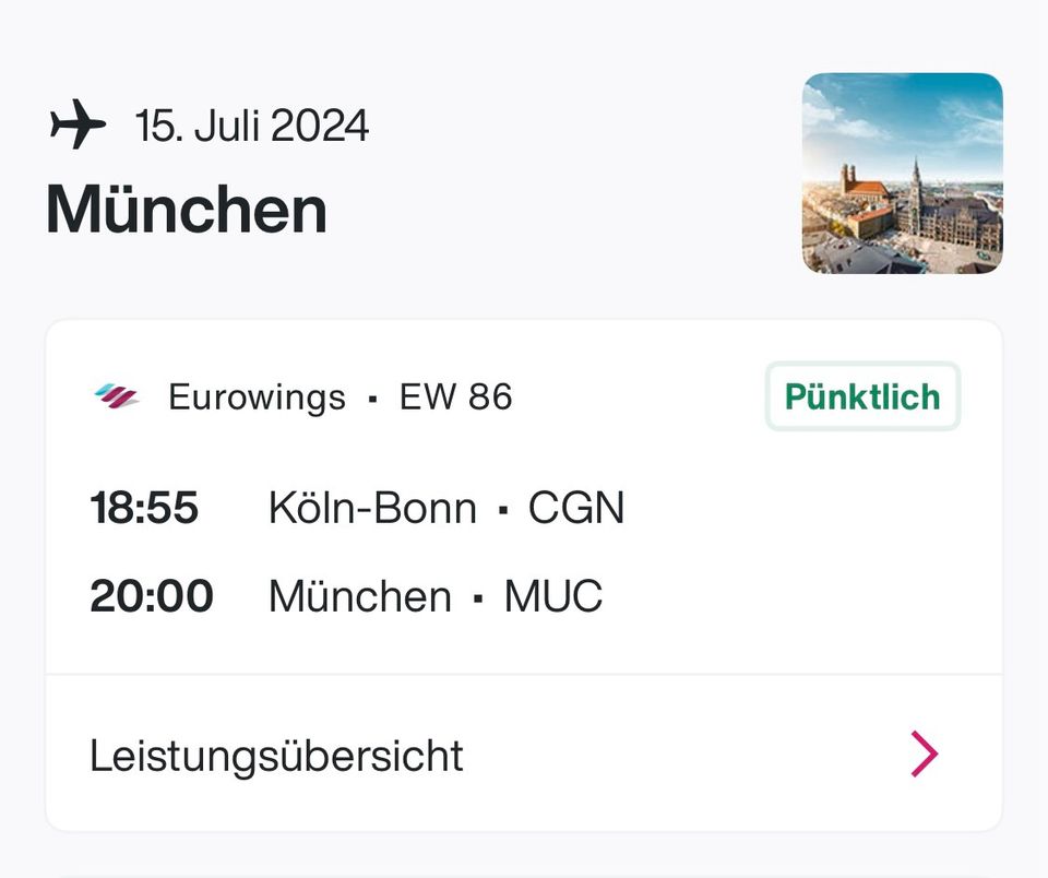 Flugticket von Köln nach München inkl. Gepäck am 15.07. in Overath