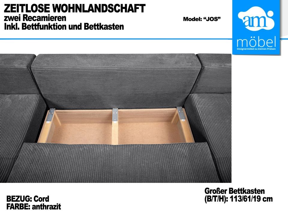 Sofa Couch Wohnlandschaft U Form Bettfunktion-Bettkasten Cord gra in Bremen
