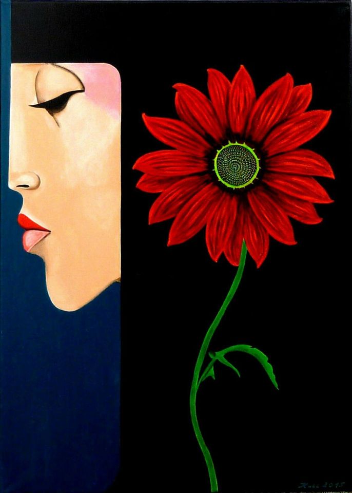Acrylbild - ART " Galina and her red flower " 50 x 70 cm Handgema in Herschbach