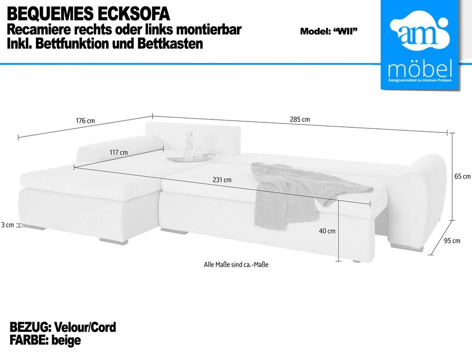 Sofa Couch Wohnlandschaft L Form Bettfunktion/Bettkasten beige in Bremen