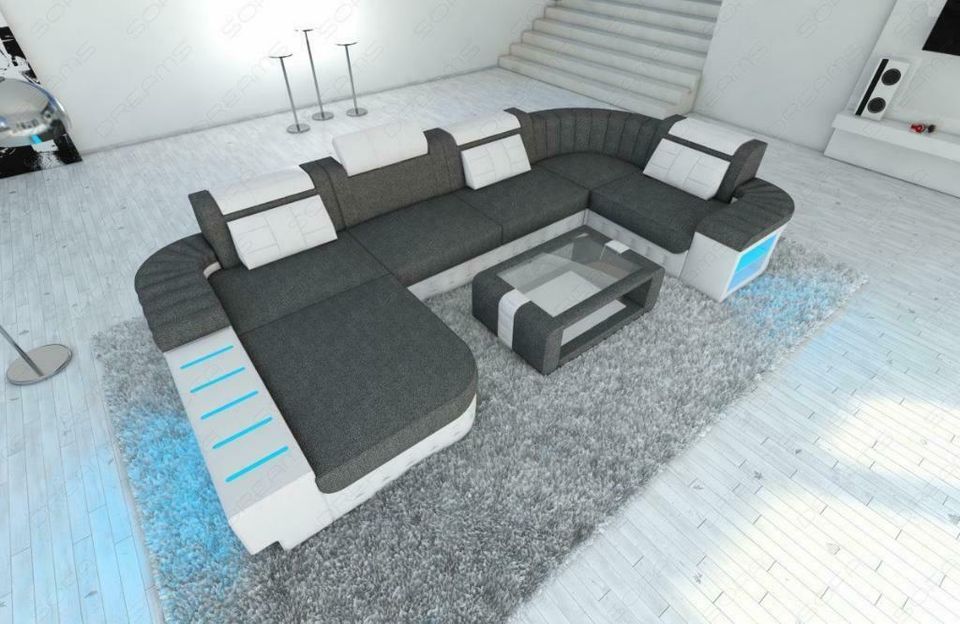 Wohnlandschaft Bellagio U Form Stoffsofa Couch mit Ottomane LED in Berlin