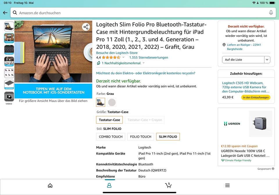 Logitech Slim Folio für iPad Pro 11 Zoll in Bargteheide