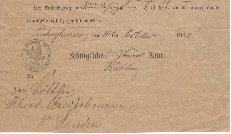 Lüdinghausen - Frerichmann - Urkunde 1882 - Königliches Steueramt in Overath