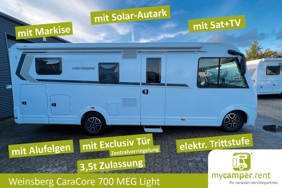 Weinsberg CaraCore 700 MEG SOLAR AUTARK SAT TV RFK AUTOMATIK Hubbett L-Sitzgruppe 9-Gang Automatik Längsbetten Fahrradträger Rückfahrkamera Zentralverriegelung Panoramafenster Badfenster Raumbad 2023 in Kerken