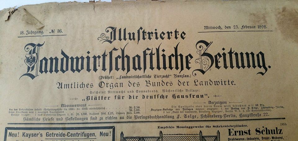 Antiquität von 1898: ,,Illustrierte Landwirtschaftliche Zeitung'' in Stade