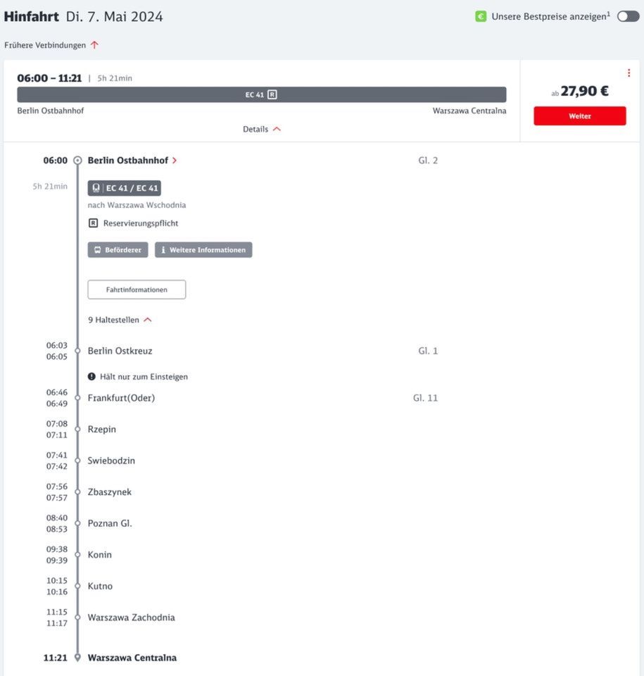 Fahrkarte 07.05. & 13.05. Berlin - Warschau, Deutsche Bahn Ticket in Berlin